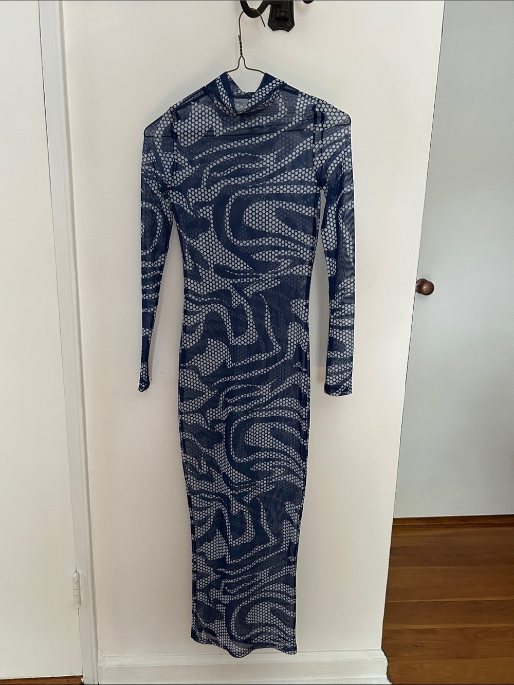 Long Sleeve Navy Patterned Mesh Bodycon Dress
